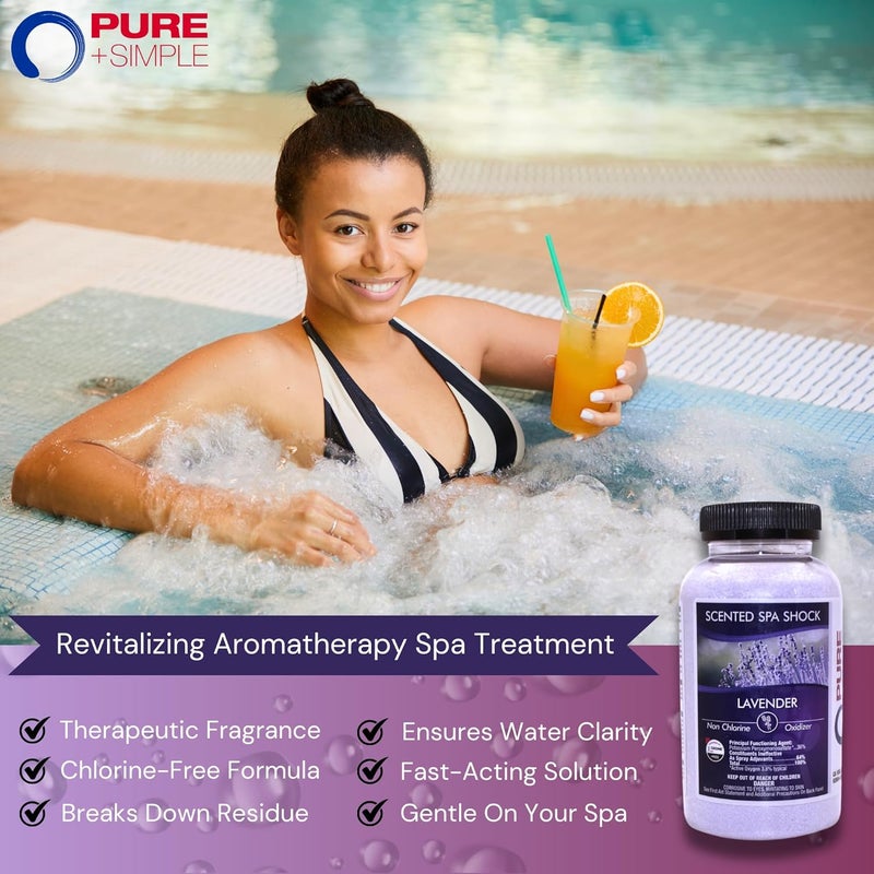 pure and simple صدمات سبا اللافندر للعلاج العطري لأحواض الاستحمام الساخنة والسبا | علاج صدمة حوض الاستحمام غير الكلوريني | متوافق مع أقراص البرومين والكلور | يقضي على الروائح وينقي الماء (2 رطل) - Image 4